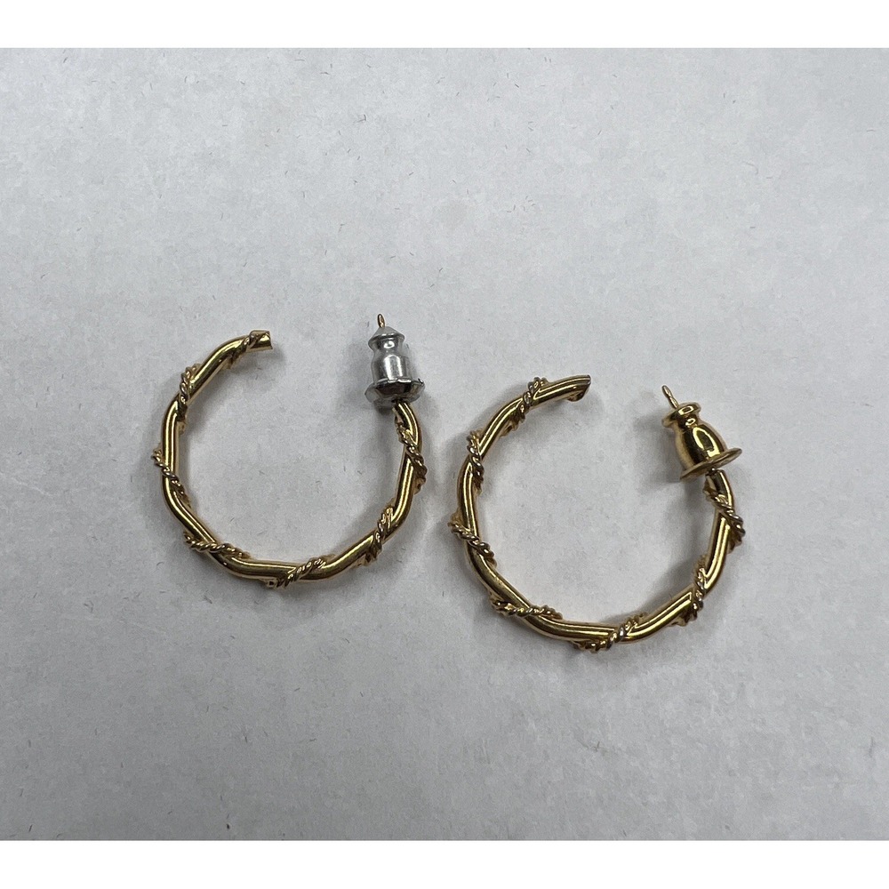 Gold Tone Rope Twist Open Circle J-Hoop Post Earrings